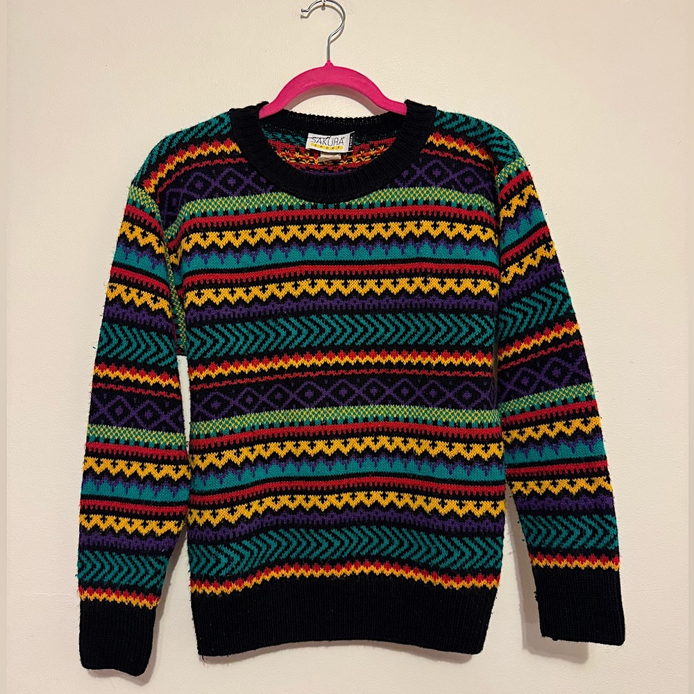 Vintage Sakura Sport Multicolor Abstract Design Pullover Crewneck Sweater SZ XS
